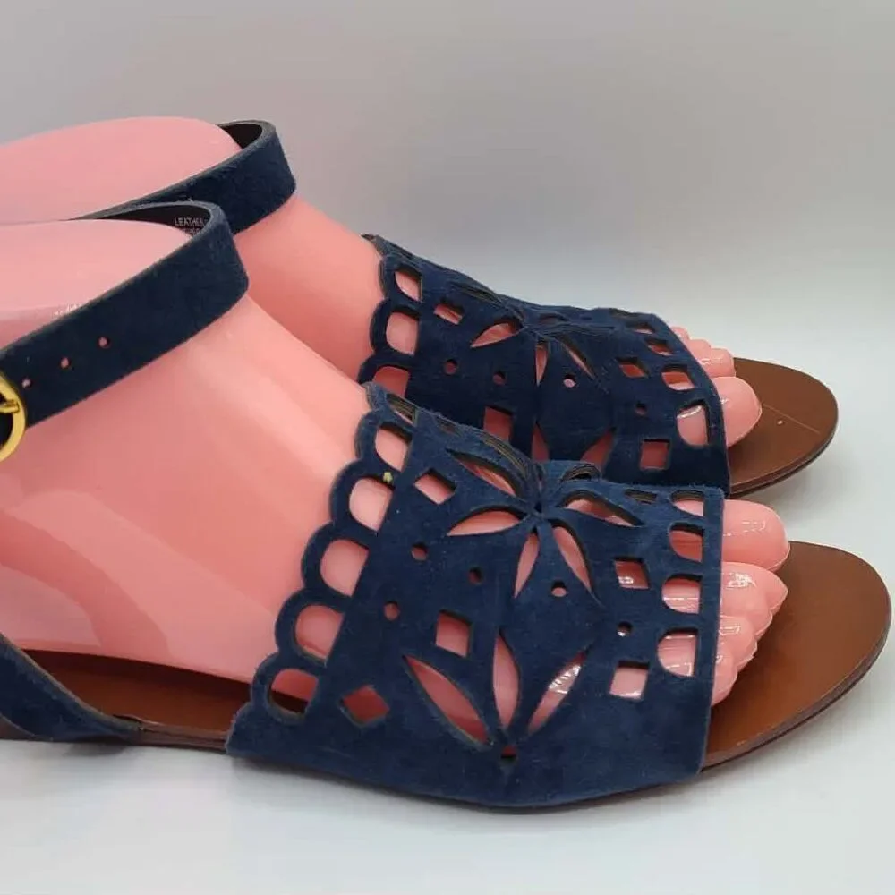 Tory Burch May Flat Lancaster Navy Ankle Strap Sandals size 7M